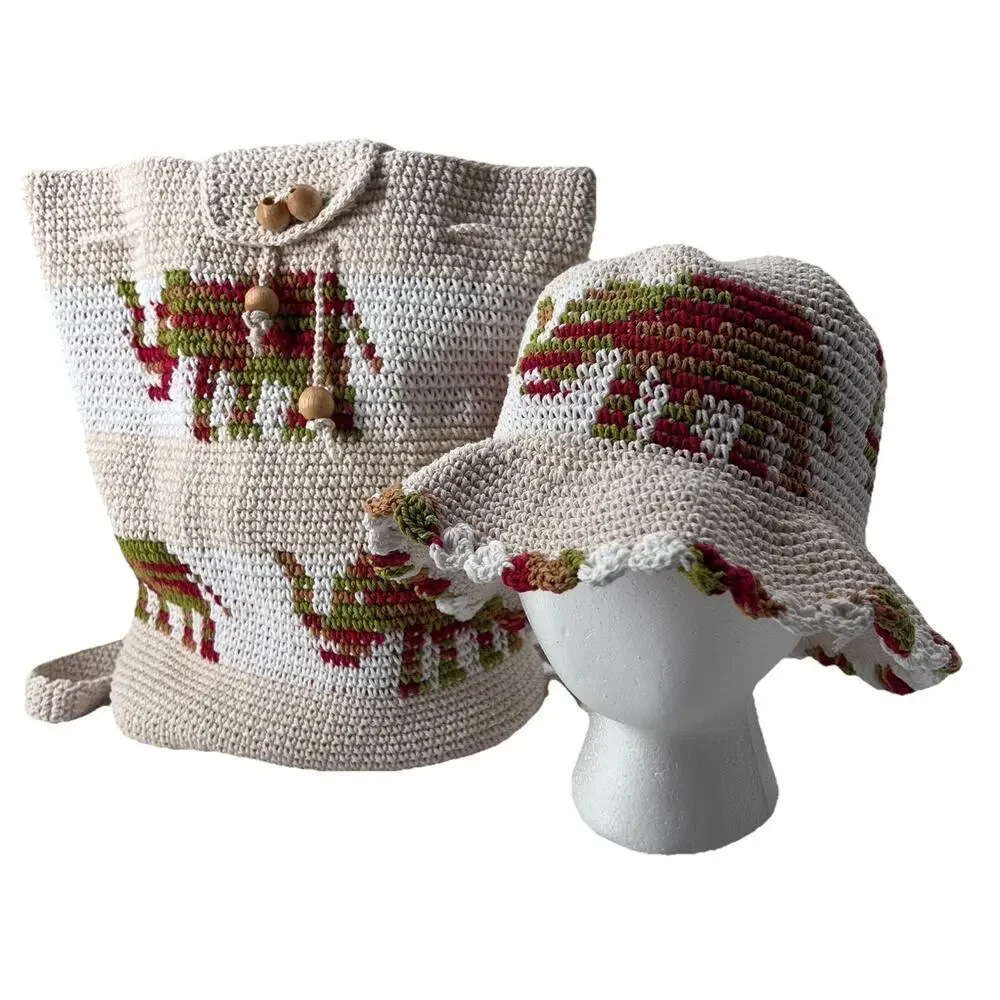 Handmade Boho Crochet Backpack Nap Sack Elephant Design & Matching Bucket Hat